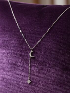 Sparkly CZ Platinum Plated Moon & Star Lariat Necklace - Women's Jewelry. New.